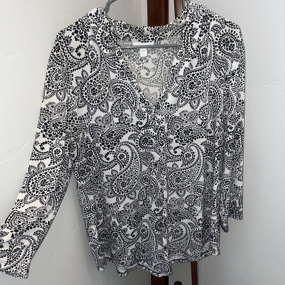 Charter Club Women's Paisley Three-Quarter Sleeve Blouse Size XL White Black